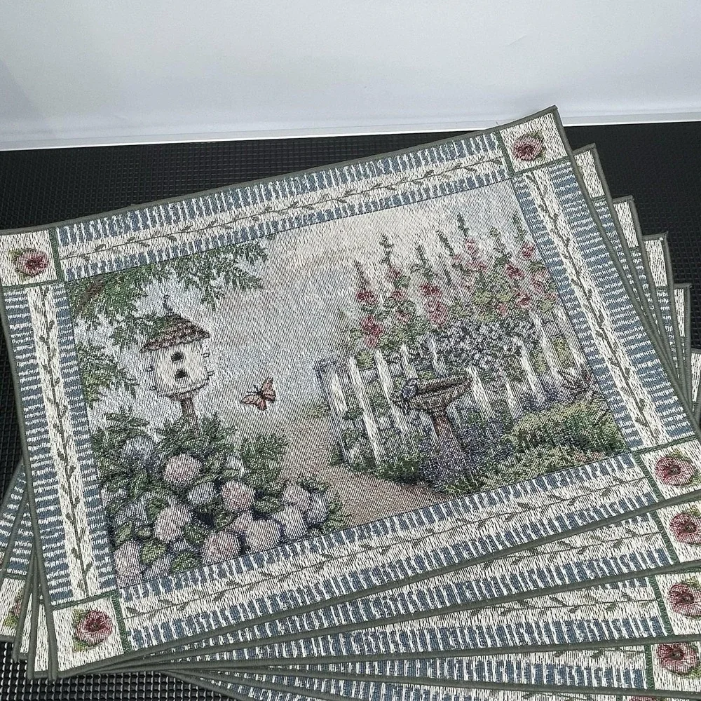 Vintage Set of 6 Tapestry Woven Floral Placemats Farmhouse Countryside Decor